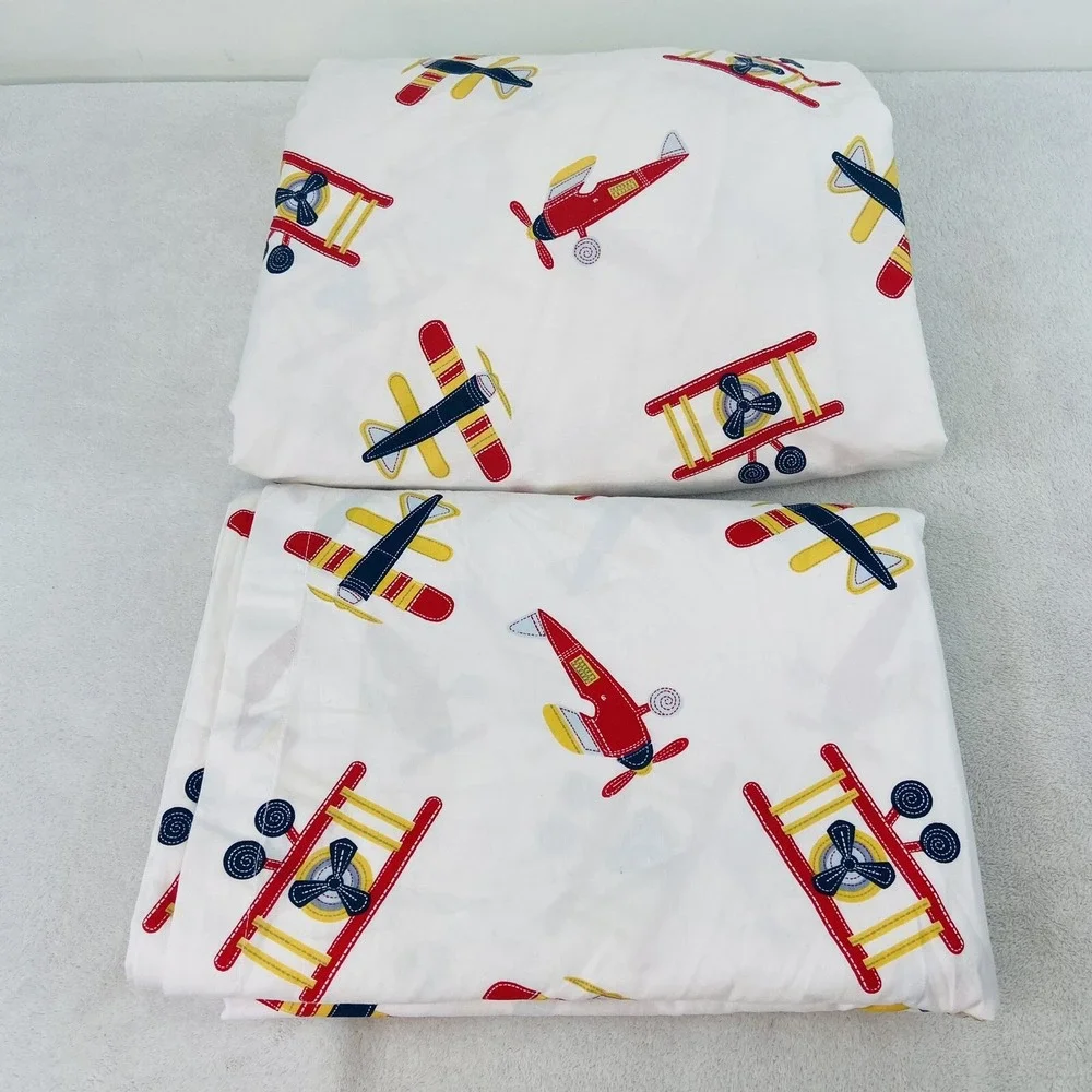 Cannon Kids Twin Fitted Flat Sheet Airplane Theme Red Yellow Blue Boys Bedding